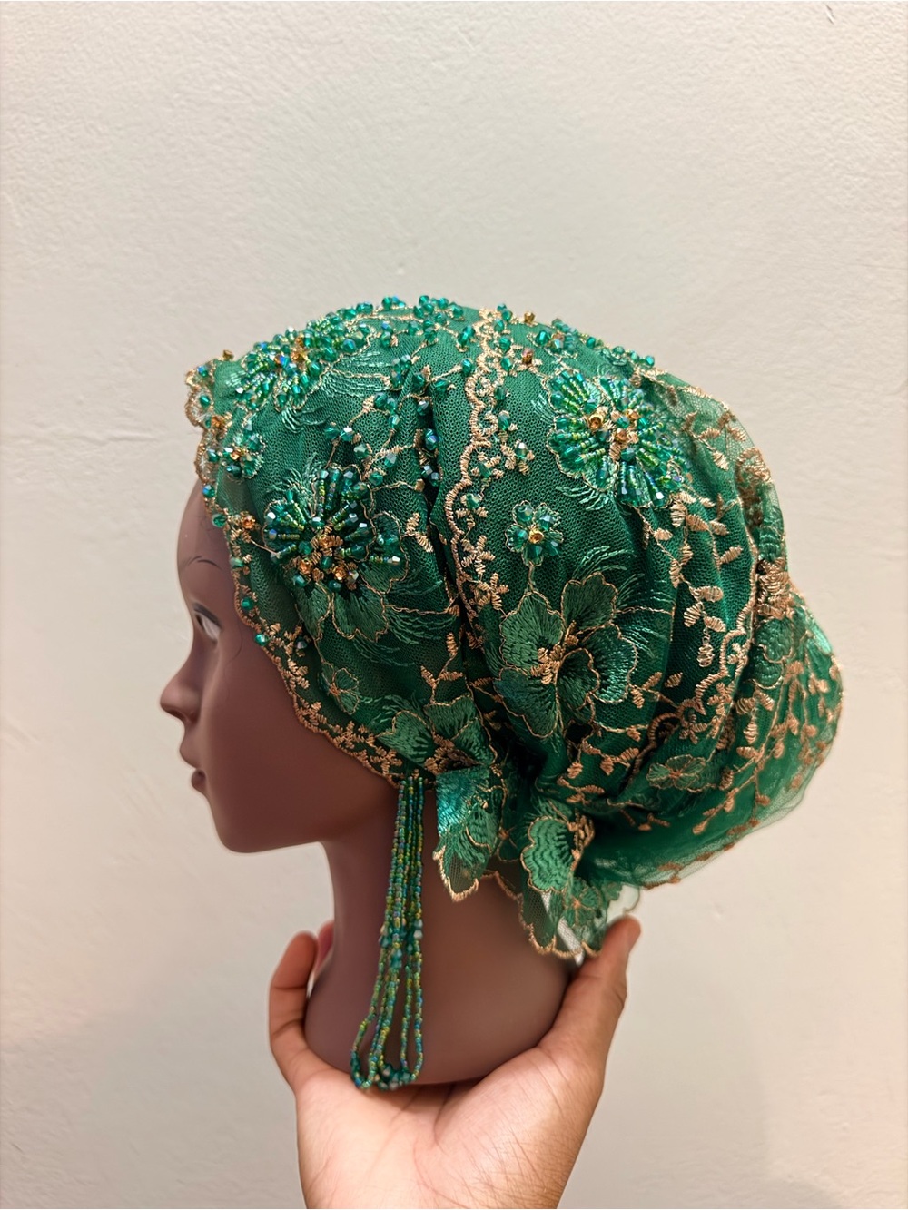 Embellished Green Lace Headwrap with Beaded Tassels